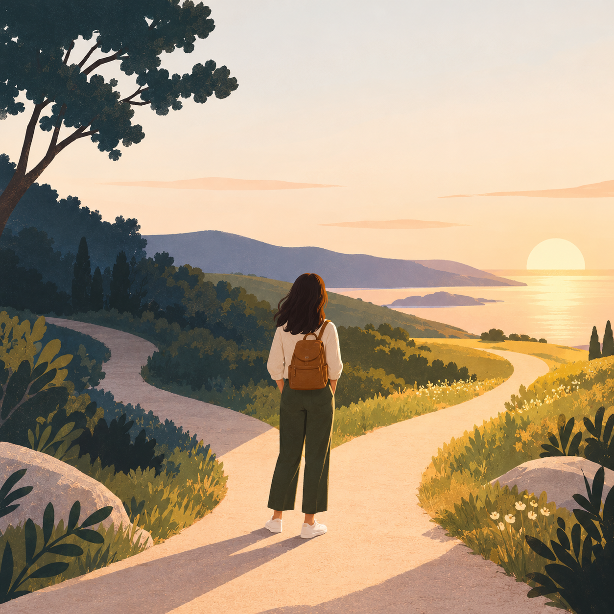 An illustrated woman pausing where coastal paths open toward warm sunlight